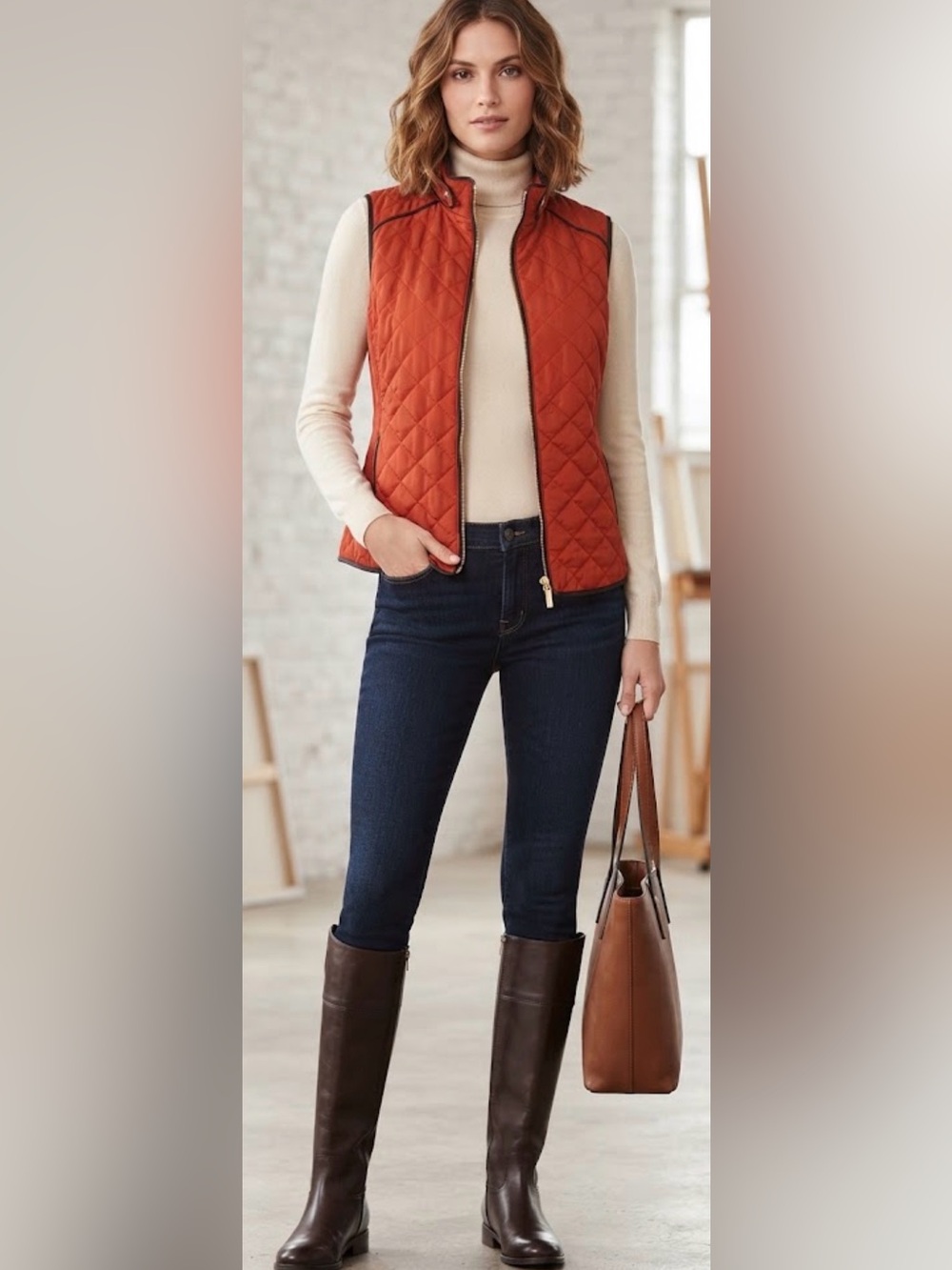 Jones New York Signature Quilted Vest Burnt Orange Size Small